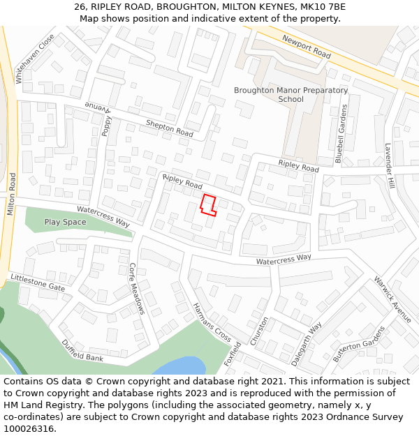 26, RIPLEY ROAD, BROUGHTON, MILTON KEYNES, MK10 7BE: Location map and indicative extent of plot