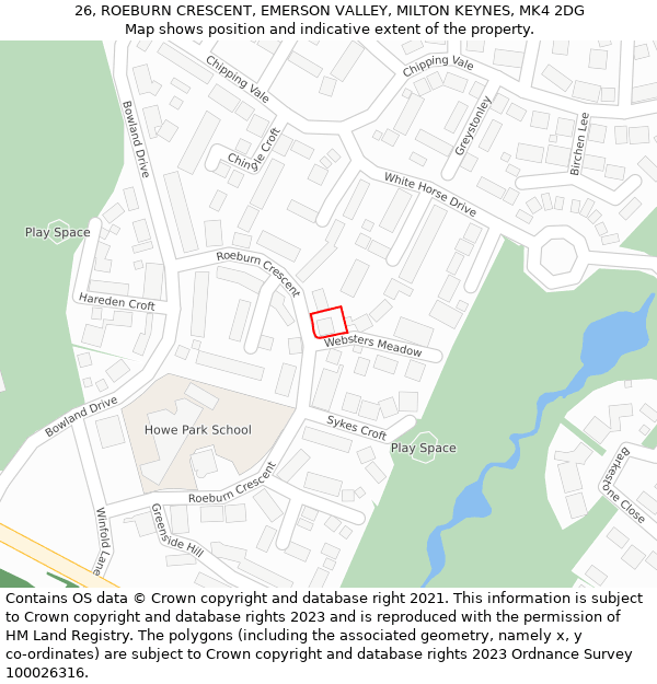 26, ROEBURN CRESCENT, EMERSON VALLEY, MILTON KEYNES, MK4 2DG: Location map and indicative extent of plot