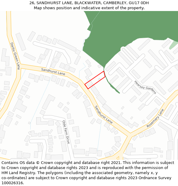 26, SANDHURST LANE, BLACKWATER, CAMBERLEY, GU17 0DH: Location map and indicative extent of plot