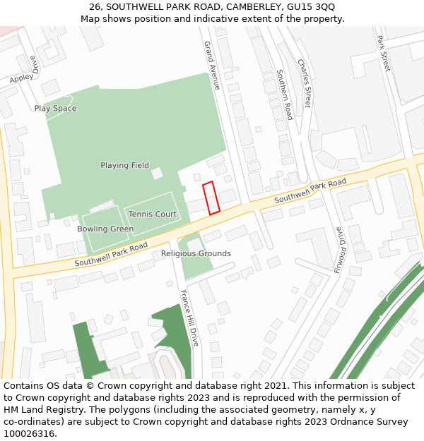 26, SOUTHWELL PARK ROAD, CAMBERLEY, GU15 3QQ: Location map and indicative extent of plot