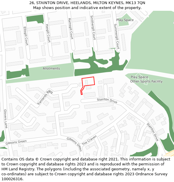 26, STAINTON DRIVE, HEELANDS, MILTON KEYNES, MK13 7QN: Location map and indicative extent of plot