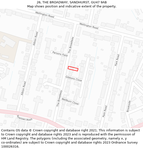 26, THE BROADWAY, SANDHURST, GU47 9AB: Location map and indicative extent of plot