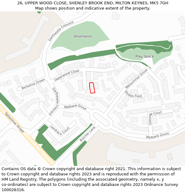 26, UPPER WOOD CLOSE, SHENLEY BROOK END, MILTON KEYNES, MK5 7GH: Location map and indicative extent of plot
