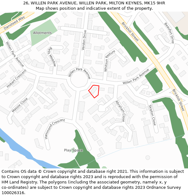 26, WILLEN PARK AVENUE, WILLEN PARK, MILTON KEYNES, MK15 9HR: Location map and indicative extent of plot