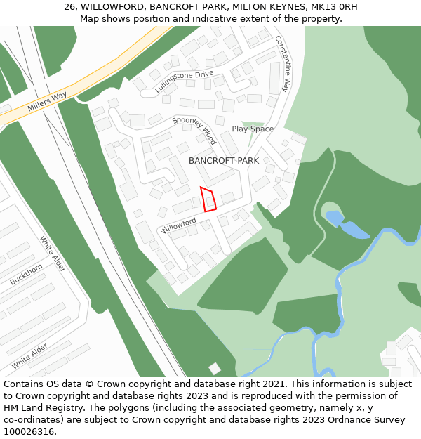 26, WILLOWFORD, BANCROFT PARK, MILTON KEYNES, MK13 0RH: Location map and indicative extent of plot