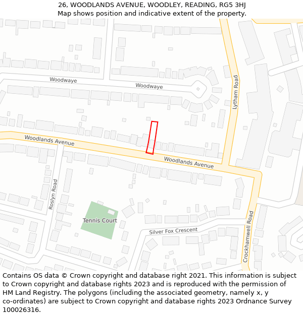 26, WOODLANDS AVENUE, WOODLEY, READING, RG5 3HJ: Location map and indicative extent of plot