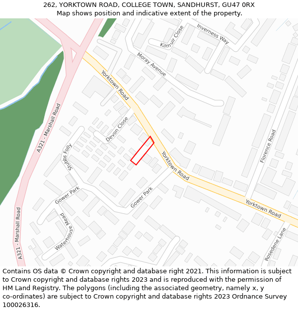 262, YORKTOWN ROAD, COLLEGE TOWN, SANDHURST, GU47 0RX: Location map and indicative extent of plot