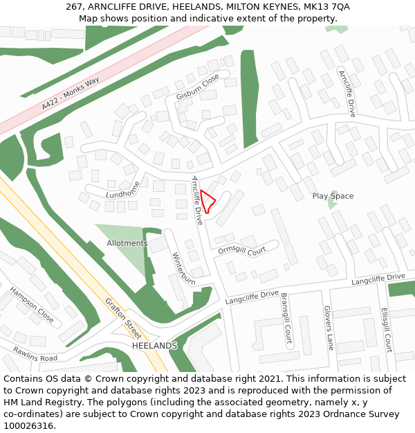 267, ARNCLIFFE DRIVE, HEELANDS, MILTON KEYNES, MK13 7QA: Location map and indicative extent of plot