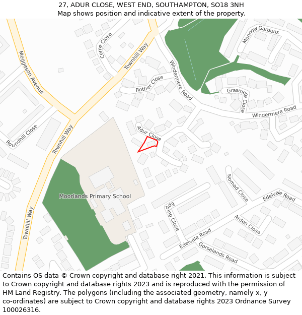 27, ADUR CLOSE, WEST END, SOUTHAMPTON, SO18 3NH: Location map and indicative extent of plot