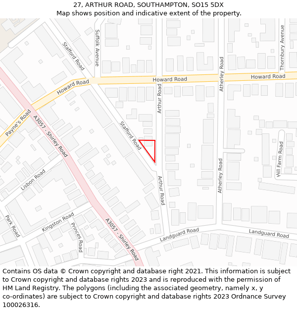 27, ARTHUR ROAD, SOUTHAMPTON, SO15 5DX: Location map and indicative extent of plot