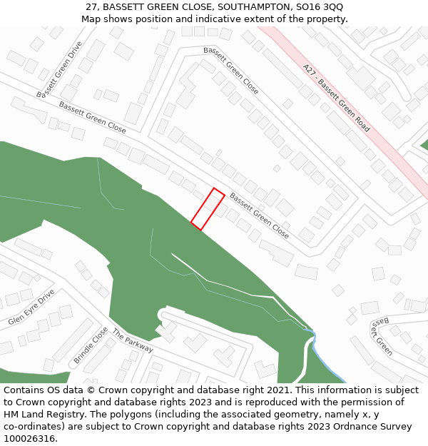 27, BASSETT GREEN CLOSE, SOUTHAMPTON, SO16 3QQ: Location map and indicative extent of plot