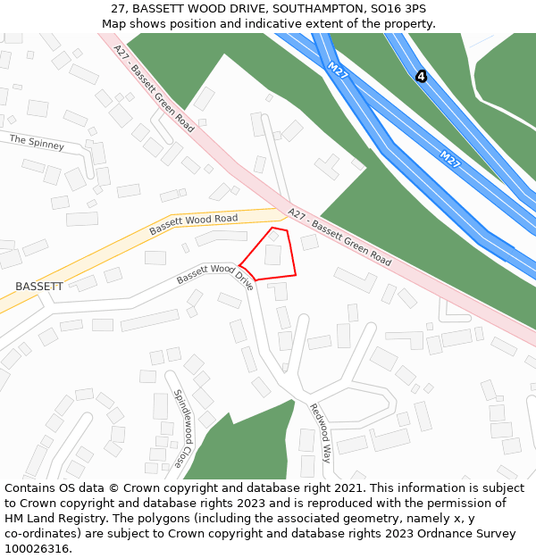 27, BASSETT WOOD DRIVE, SOUTHAMPTON, SO16 3PS: Location map and indicative extent of plot