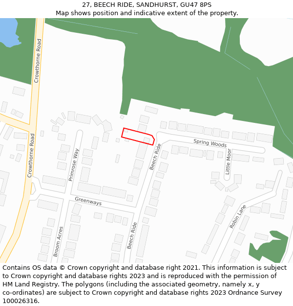 27, BEECH RIDE, SANDHURST, GU47 8PS: Location map and indicative extent of plot