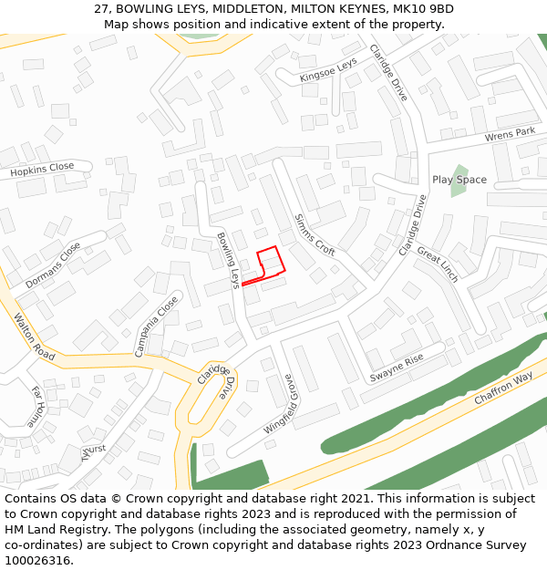 27, BOWLING LEYS, MIDDLETON, MILTON KEYNES, MK10 9BD: Location map and indicative extent of plot