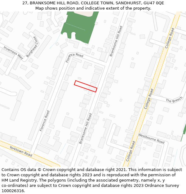 27, BRANKSOME HILL ROAD, COLLEGE TOWN, SANDHURST, GU47 0QE: Location map and indicative extent of plot