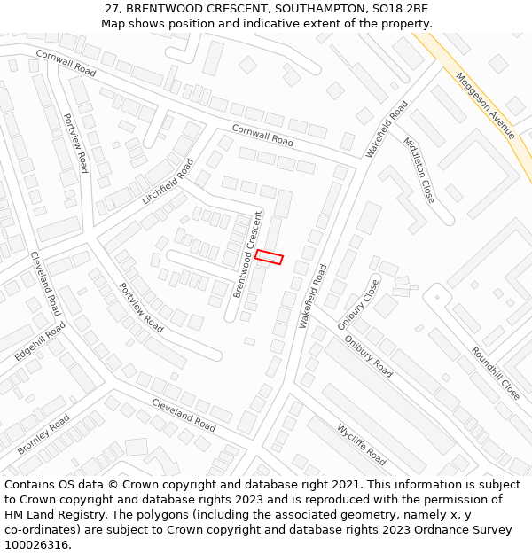 27, BRENTWOOD CRESCENT, SOUTHAMPTON, SO18 2BE: Location map and indicative extent of plot