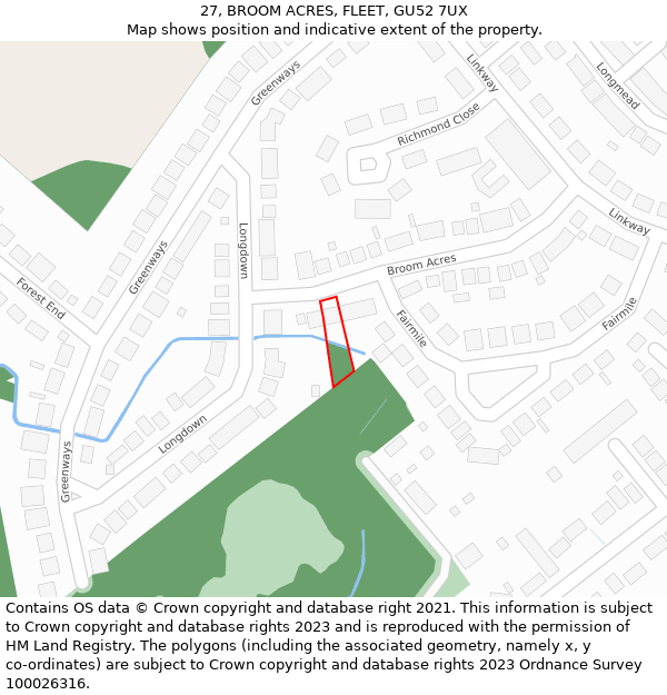 27, BROOM ACRES, FLEET, GU52 7UX: Location map and indicative extent of plot