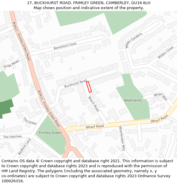 27, BUCKHURST ROAD, FRIMLEY GREEN, CAMBERLEY, GU16 6LH: Location map and indicative extent of plot