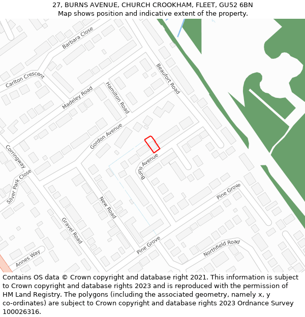 27, BURNS AVENUE, CHURCH CROOKHAM, FLEET, GU52 6BN: Location map and indicative extent of plot