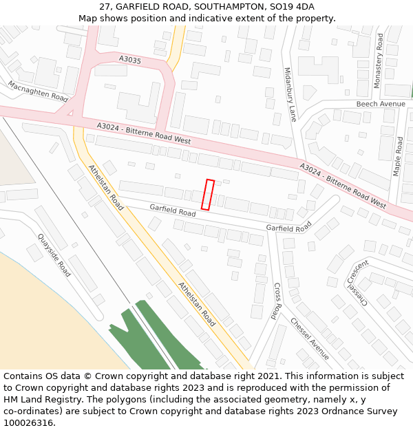 27, GARFIELD ROAD, SOUTHAMPTON, SO19 4DA: Location map and indicative extent of plot