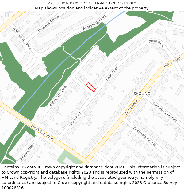 27, JULIAN ROAD, SOUTHAMPTON, SO19 8LY: Location map and indicative extent of plot