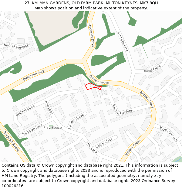 27, KALMAN GARDENS, OLD FARM PARK, MILTON KEYNES, MK7 8QH: Location map and indicative extent of plot