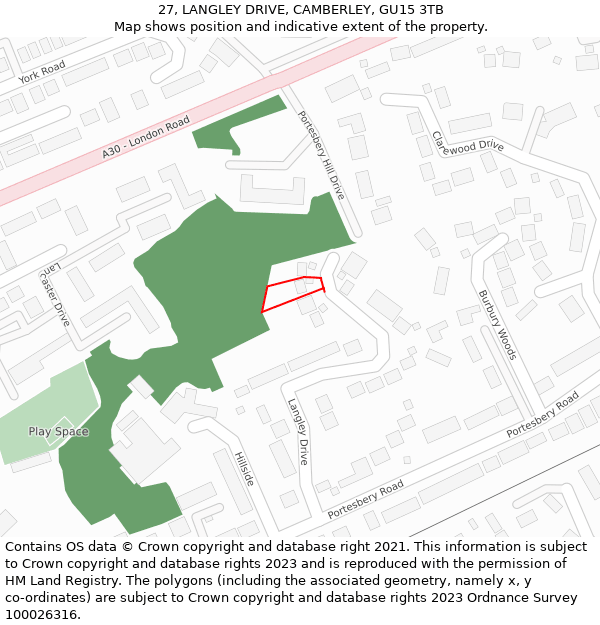27, LANGLEY DRIVE, CAMBERLEY, GU15 3TB: Location map and indicative extent of plot