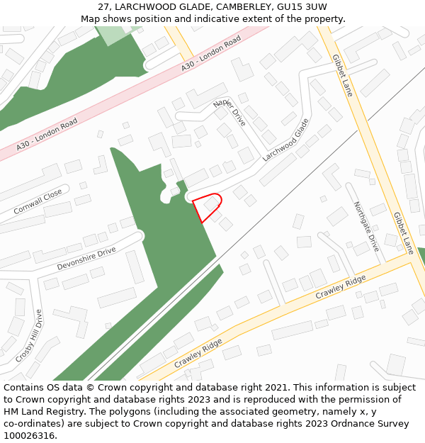 27, LARCHWOOD GLADE, CAMBERLEY, GU15 3UW: Location map and indicative extent of plot