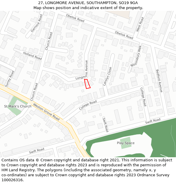 27, LONGMORE AVENUE, SOUTHAMPTON, SO19 9GA: Location map and indicative extent of plot