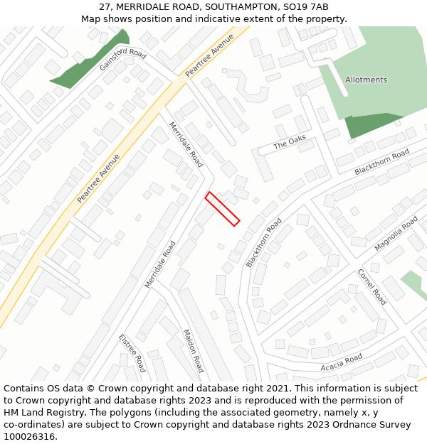 27, MERRIDALE ROAD, SOUTHAMPTON, SO19 7AB: Location map and indicative extent of plot