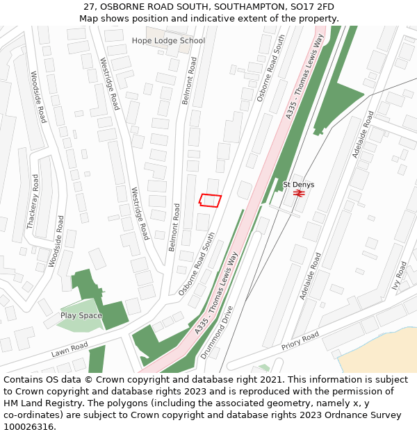 27, OSBORNE ROAD SOUTH, SOUTHAMPTON, SO17 2FD: Location map and indicative extent of plot