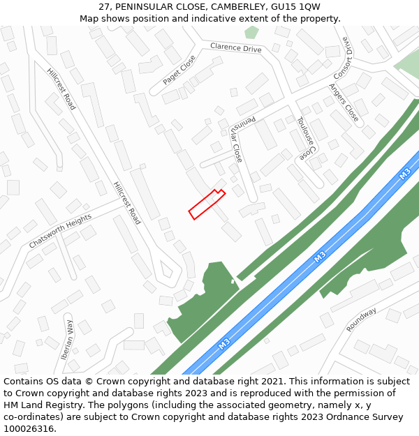 27, PENINSULAR CLOSE, CAMBERLEY, GU15 1QW: Location map and indicative extent of plot