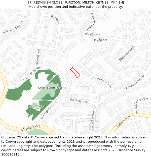 27, REDHUISH CLOSE, FURZTON, MILTON KEYNES, MK4 1HJ: Location map and indicative extent of plot