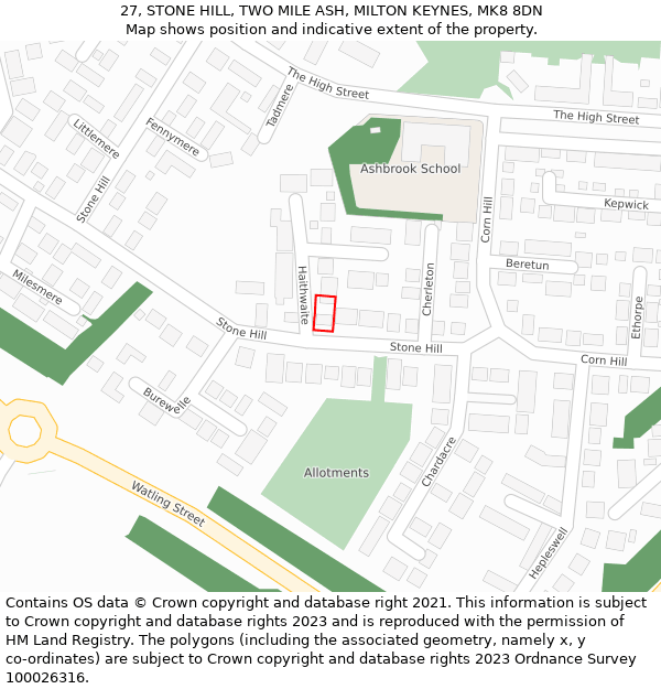 27, STONE HILL, TWO MILE ASH, MILTON KEYNES, MK8 8DN: Location map and indicative extent of plot
