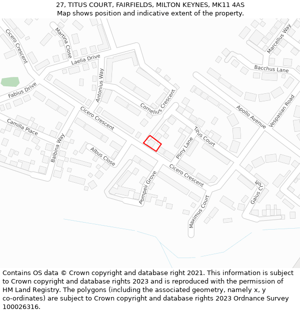 27, TITUS COURT, FAIRFIELDS, MILTON KEYNES, MK11 4AS: Location map and indicative extent of plot