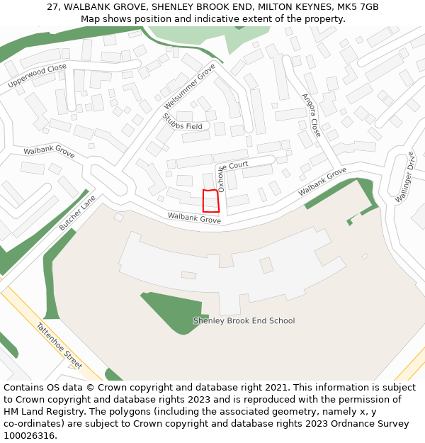 27, WALBANK GROVE, SHENLEY BROOK END, MILTON KEYNES, MK5 7GB: Location map and indicative extent of plot