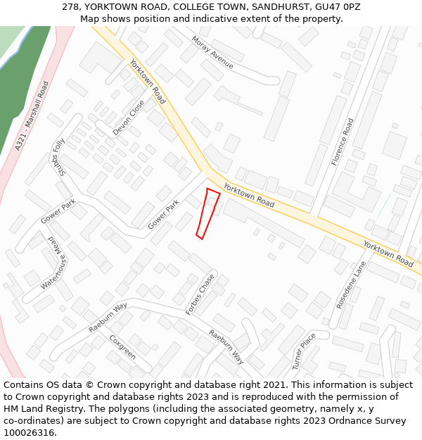278, YORKTOWN ROAD, COLLEGE TOWN, SANDHURST, GU47 0PZ: Location map and indicative extent of plot