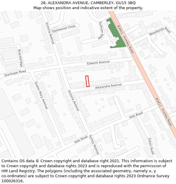 28, ALEXANDRA AVENUE, CAMBERLEY, GU15 3BQ: Location map and indicative extent of plot