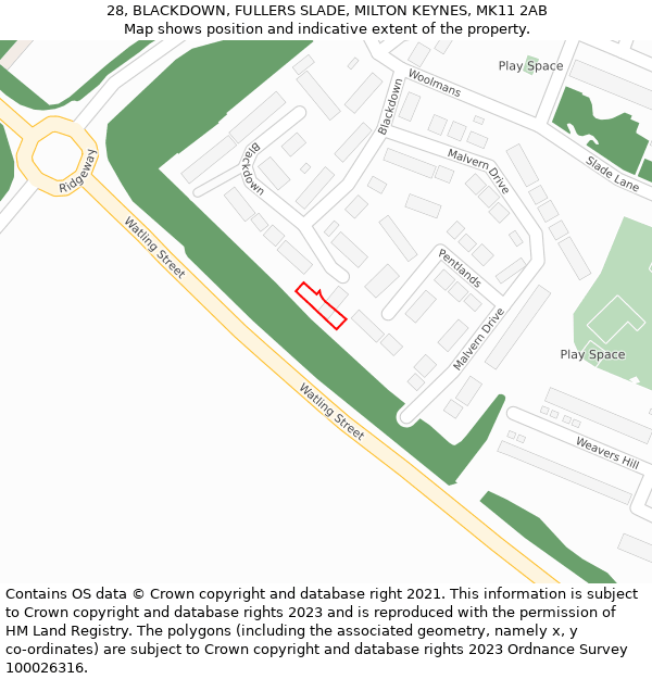 28, BLACKDOWN, FULLERS SLADE, MILTON KEYNES, MK11 2AB: Location map and indicative extent of plot