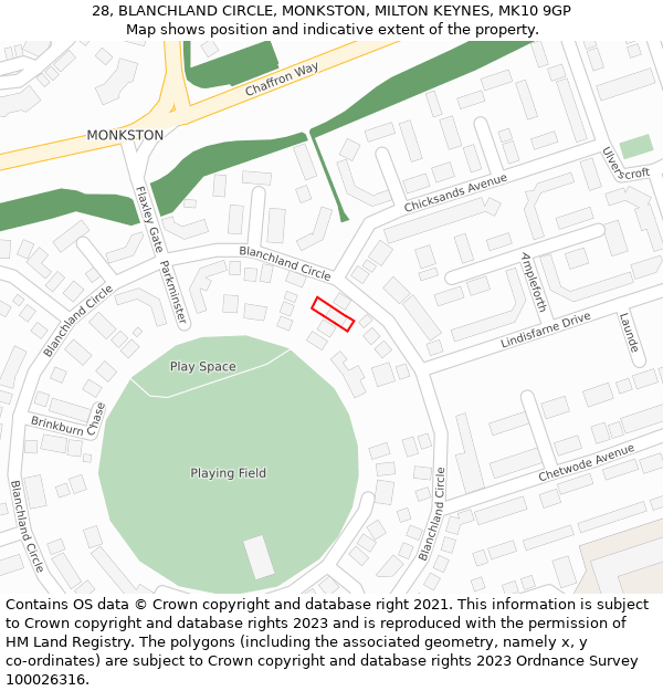 28, BLANCHLAND CIRCLE, MONKSTON, MILTON KEYNES, MK10 9GP: Location map and indicative extent of plot