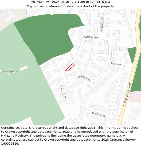 28, CALSHOT WAY, FRIMLEY, CAMBERLEY, GU16 9FA: Location map and indicative extent of plot