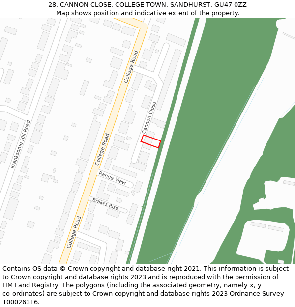 28, CANNON CLOSE, COLLEGE TOWN, SANDHURST, GU47 0ZZ: Location map and indicative extent of plot