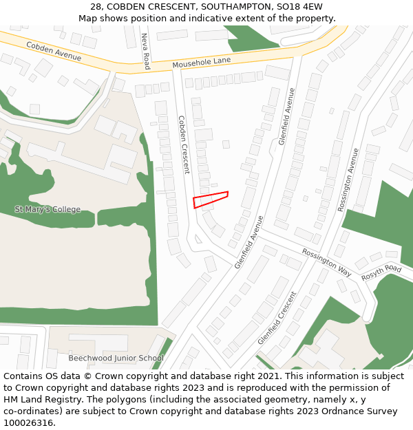 28, COBDEN CRESCENT, SOUTHAMPTON, SO18 4EW: Location map and indicative extent of plot