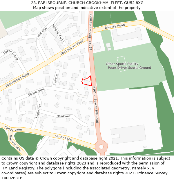 28, EARLSBOURNE, CHURCH CROOKHAM, FLEET, GU52 8XG: Location map and indicative extent of plot