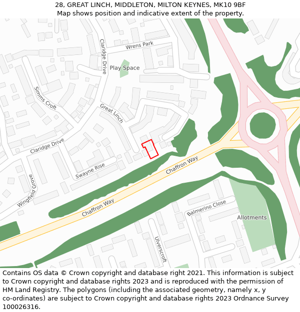 28, GREAT LINCH, MIDDLETON, MILTON KEYNES, MK10 9BF: Location map and indicative extent of plot