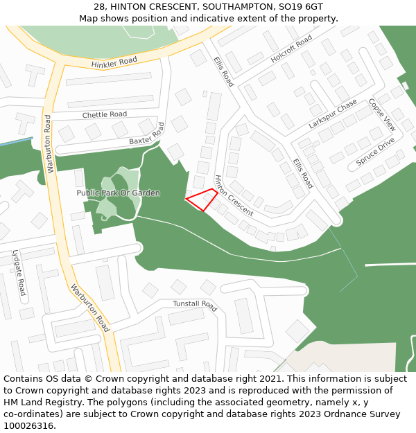 28, HINTON CRESCENT, SOUTHAMPTON, SO19 6GT: Location map and indicative extent of plot