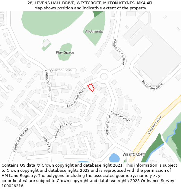 28, LEVENS HALL DRIVE, WESTCROFT, MILTON KEYNES, MK4 4FL: Location map and indicative extent of plot