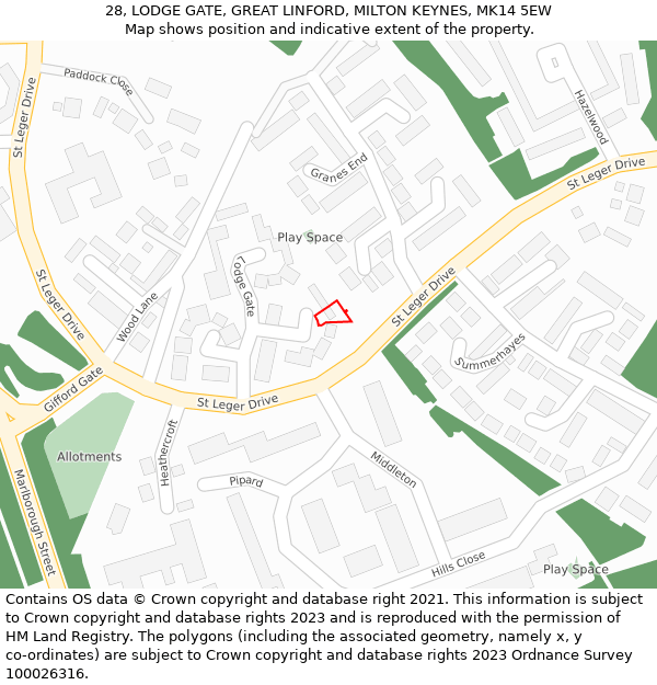 28, LODGE GATE, GREAT LINFORD, MILTON KEYNES, MK14 5EW: Location map and indicative extent of plot