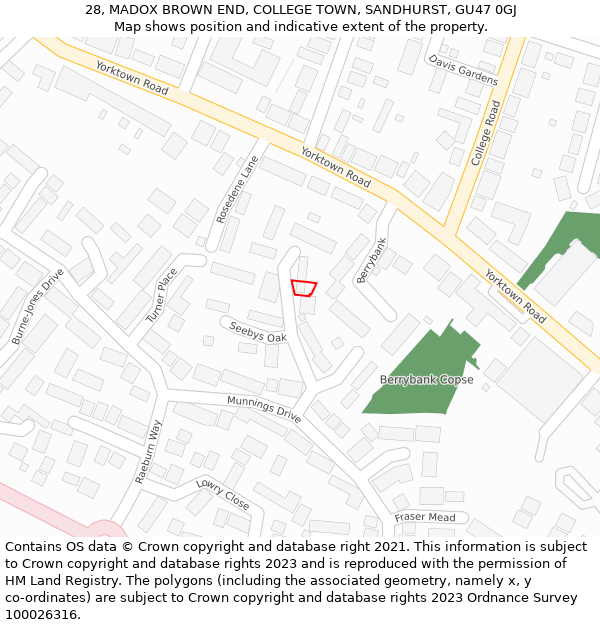 28, MADOX BROWN END, COLLEGE TOWN, SANDHURST, GU47 0GJ: Location map and indicative extent of plot