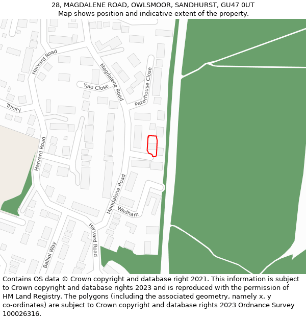 28, MAGDALENE ROAD, OWLSMOOR, SANDHURST, GU47 0UT: Location map and indicative extent of plot